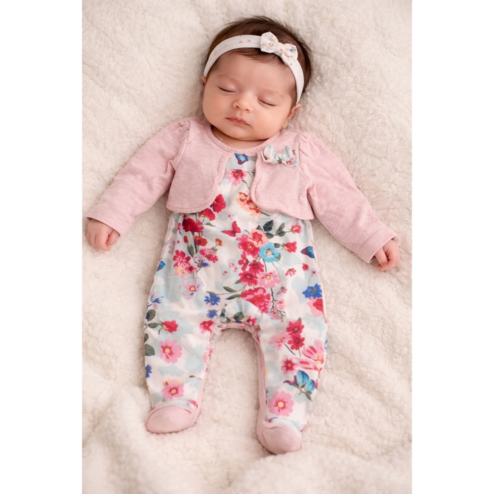 3/25 Monsoon Floral Baby Romper with Pink Cardigan
